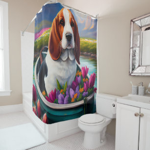 Basset Hound Hond op een Peddel: Een Schitterend A Douchegordijn