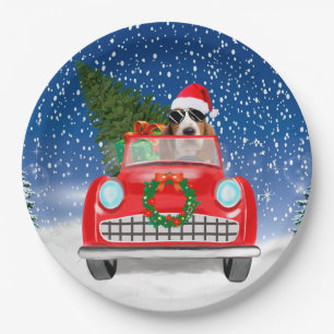 Basset Hound-hond rijdt auto in sneeuw Kerstmis Papieren Bordje