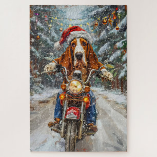 Basset Hound-hond rijdt op motorfiets met Kerstmis Legpuzzel