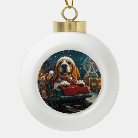 Basset Hound Hond Roller Coaster Kerstmis Keramische Bal Ornament (Voorkant)