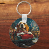 Basset Hound Hond Roller Coaster Kerstmis Sleutelhanger (Voorkant)