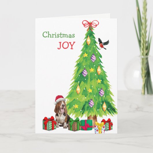 Basset Hound Hond, Vogel en Kerstboom Feestdagen Kaart (Voorkant)