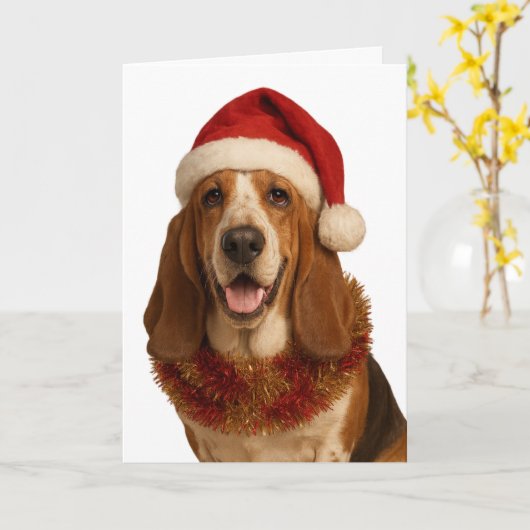 Basset Hound in a Santa hat Christmas card Kaart (Gele Bloem)