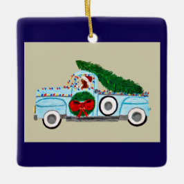 Basset Hound in antieke pick-uptruck met Kerstmis Keramisch Ornament