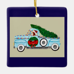 Basset Hound in antieke pick-uptruck met Kerstmis Keramisch Ornament