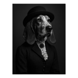 Basset Hound in Bowler Hat & Ruffled Blouse Perfect Poster