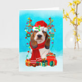 Basset Hound in de sneeuw met kerstcadeaus Kaart (Gele Bloem)