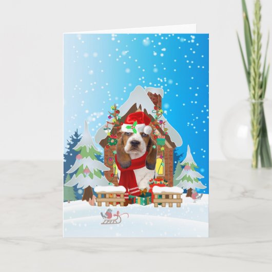 Basset Hound in de sneeuw met kerstcadeaus  Kaart (Voorkant)