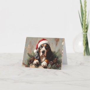 Basset Hound in een kerstmuts Olie Schilderij Feestdagen Kaart