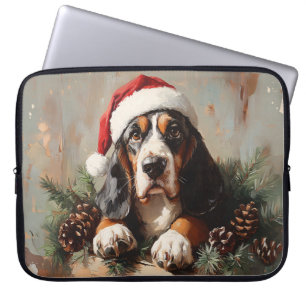 Basset Hound in een kerstmuts olieverfschilderij Laptop Sleeve