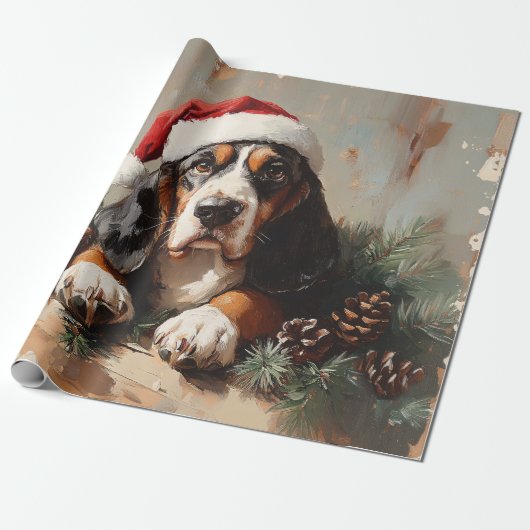 Basset Hound in een Santa Hat olieverfschilderij D Cadeaupapier (Uitgerold)
