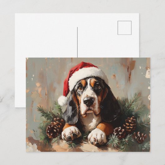 Basset Hound in een schilderij van Santa Hat Oil Briefkaart (Voorkant / Achterkant)