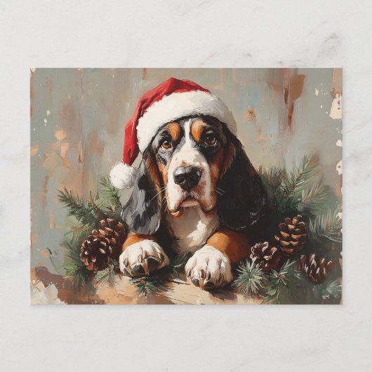 Basset Hound in een schilderij van Santa Hat Oil Briefkaart (Voorkant)