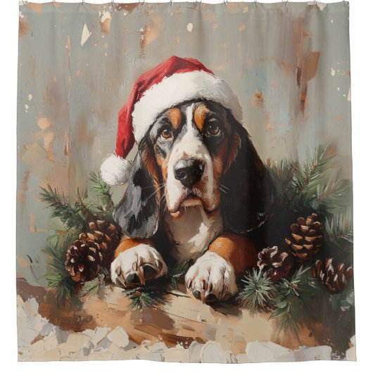 Basset Hound in een schilderij van Santa Hat Oil Douchegordijn (Voorkant)