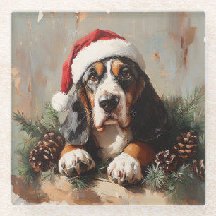 Basset Hound in een schilderij van Santa Hat Oil Glazen Onderzetter