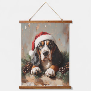 Basset Hound in een schilderij van Santa Hat Oil Hangend Wandkleed