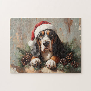 Basset Hound in een schilderij van Santa Hat Oil Legpuzzel