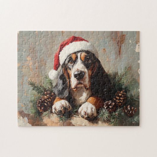 Basset Hound in een schilderij van Santa Hat Oil Legpuzzel (Horizontaal)