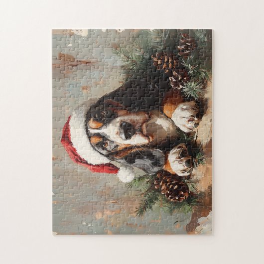 Basset Hound in een schilderij van Santa Hat Oil Legpuzzel (Verticaal)