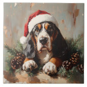 Basset Hound in een schilderij van Santa Hat Oil Tegeltje (Voorkant)