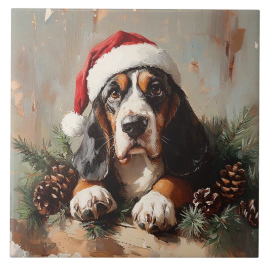 Basset Hound in een schilderij van Santa Hat Oil Tegeltje (Voorkant)