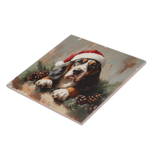Basset Hound in een schilderij van Santa Hat Oil Tegeltje (Zijkant)