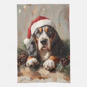 Basset Hound in een schilderij van Santa Hat Oil Theedoek