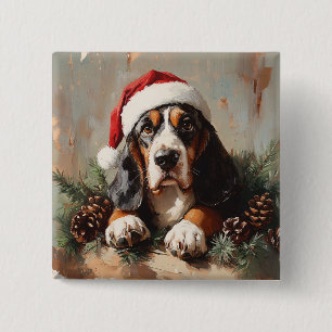 Basset Hound in een schilderij van Santa Hat Oil Vierkante Button 5,1 Cm