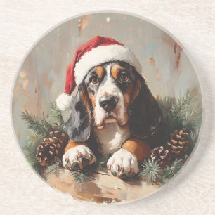 Basset Hound in een schilderij van Santa Hat Oil Zandsteen Onderzetter