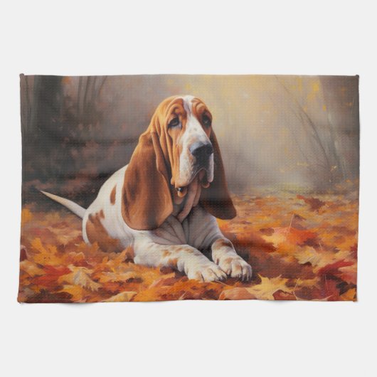 Basset Hound in herfstbladeren Herfst Inspire Theedoek (Horizontaal)