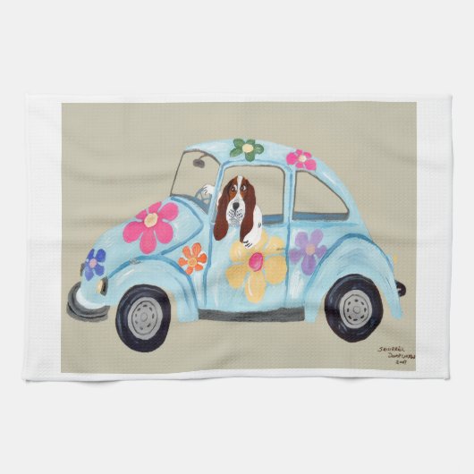 Basset Hound in hippie-auto Theedoek (Horizontaal)