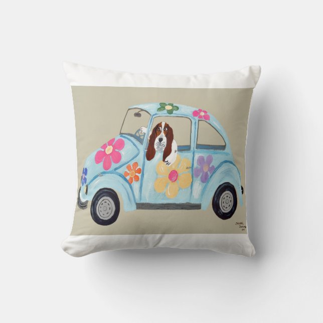 Basset Hound in Hippieauto Kussen (Voorkant)