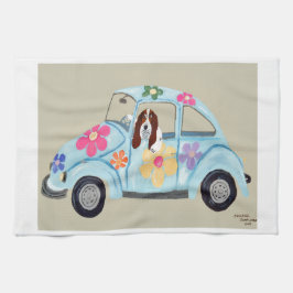 Basset Hound in hippieauto Theedoek