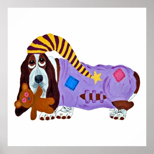 Basset Hound in pyjama met teddybeer Poster (Voorkant)