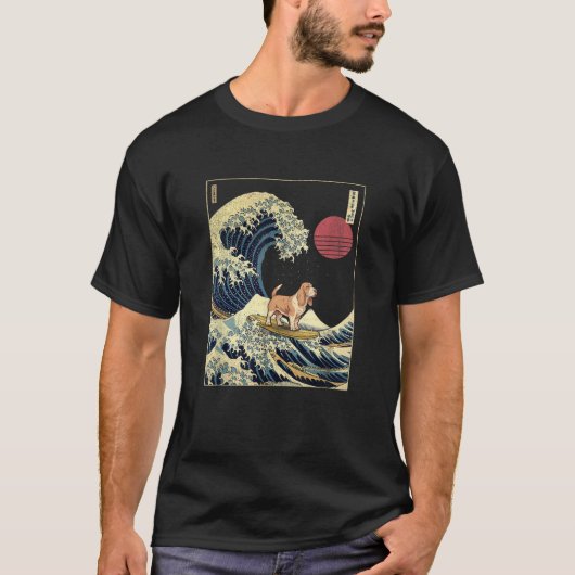 Basset Hound Japans Kanagawa Wave Funny Surf Dog T-shirt (Voorkant)