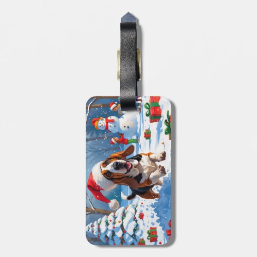Basset Hound Kerst Feestelijke Sneeuwscène Bagagelabel (Achterkant verticaal)