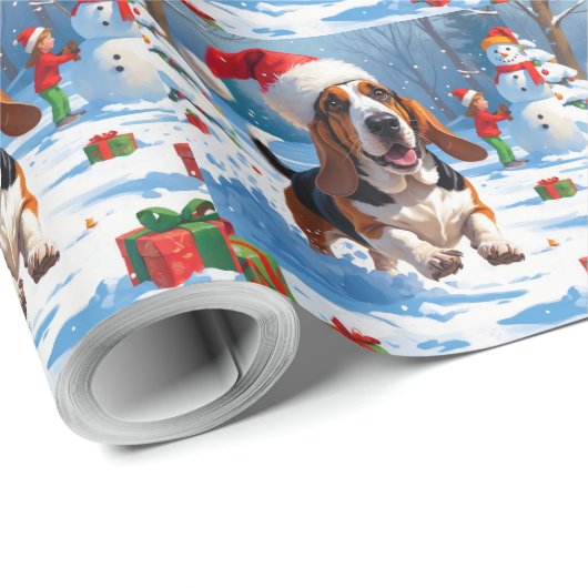 Basset Hound Kerst Feestelijke Sneeuwscène Cadeaupapier (Rol Hoek)