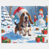 Basset Hound Kerst Feestelijke Sneeuwscène Fleece Deken (Voorkant (Horizontaal))