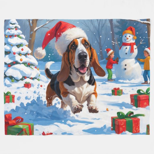 Basset Hound Kerst Feestelijke Sneeuwscène Fleece Deken (Voorkant (Horizontaal))
