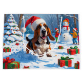 Basset Hound Kerst Feestelijke Sneeuwscène Groot Cadeauzakje (Voorkant)