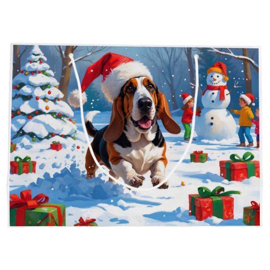 Basset Hound Kerst Feestelijke Sneeuwscène Groot Cadeauzakje (Achterkant)