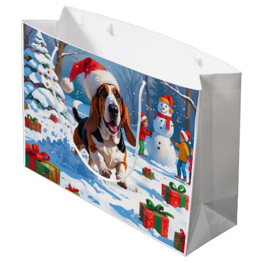 Basset Hound Kerst Feestelijke Sneeuwscène Groot Cadeauzakje (Achterkant Gekanteld)