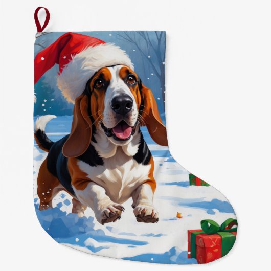 Basset Hound Kerst Feestelijke Sneeuwscène Grote Kerstsok (Voorkant)