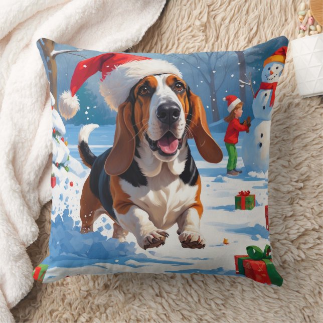 Basset Hound Kerst Feestelijke Sneeuwscène Kussen (Deken)