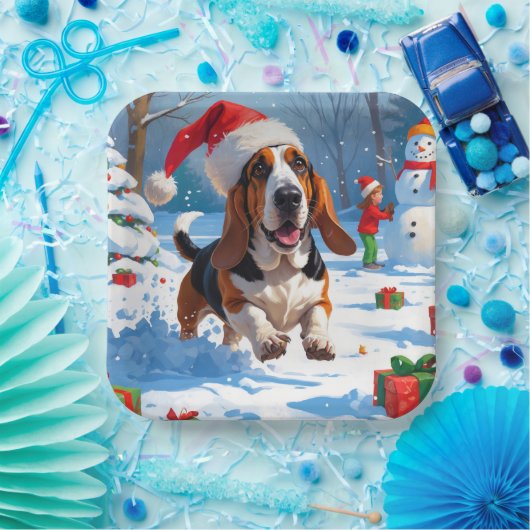 Basset Hound Kerst Feestelijke Sneeuwscène Papieren Bordje (Feest)