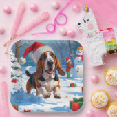 Basset Hound Kerst Feestelijke Sneeuwscène Papieren Bordje (Feest)