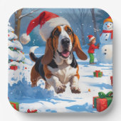 Basset Hound Kerst Feestelijke Sneeuwscène Papieren Bordje (Voorkant)