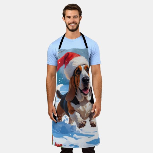 Basset Hound Kerst Feestelijke Sneeuwscène Schort (Gedragen)