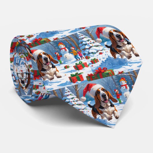 Basset Hound Kerst Feestelijke Sneeuwscène Stropdas (Opgerold)
