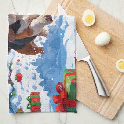 Basset Hound Kerst Feestelijke Sneeuwscène Theedoek (Quarter Fold)